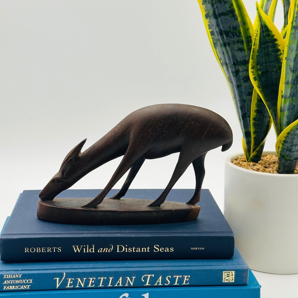 Vintage‎ Hand Carved Wood Gazelle Grazing Antelope Figurine MCM Boho Decor